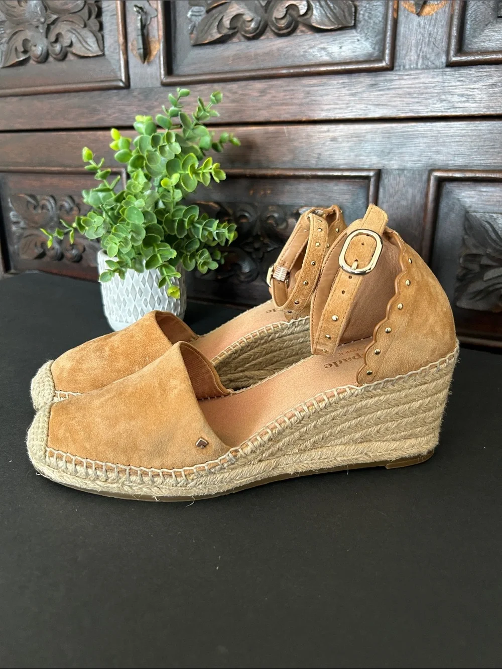 kate spade Tan Suede Espadrille Wedge Sandals with Ankle Strap